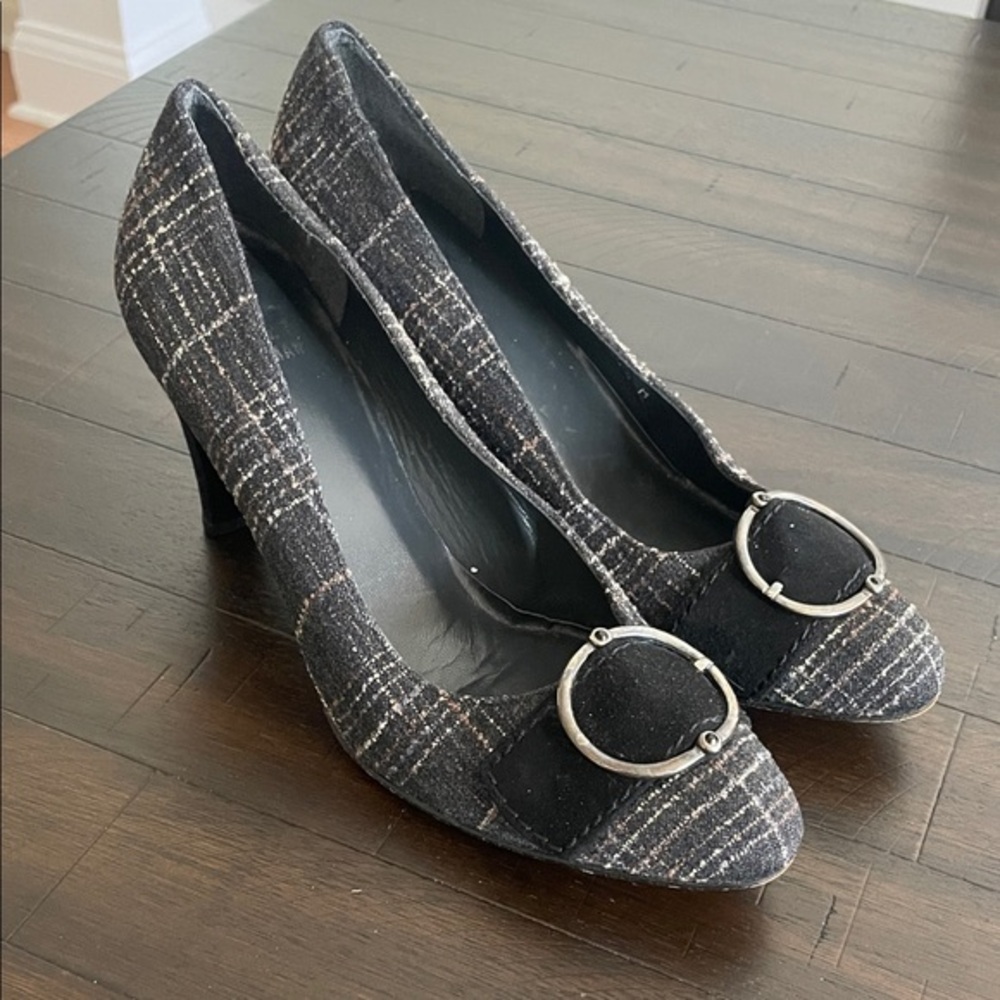 Stuart Weitzman Plaid Heels Silver Buckle Size 6.5